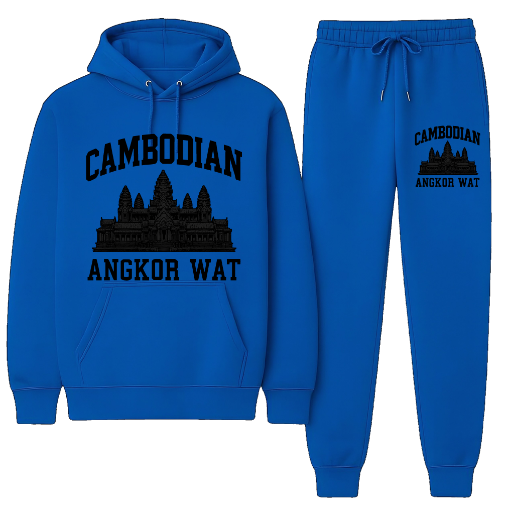 Blue hoodie and jogger set with Cambodian Angkor Wat design on a white background