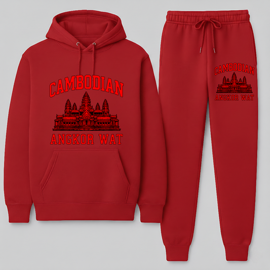 Red hoodie and jogger pants set with 'Cambodian Angkor Wat' design on a gray background
