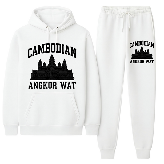 White hoodie and sweatpants set with Cambodian Angkor Wat design on a white background