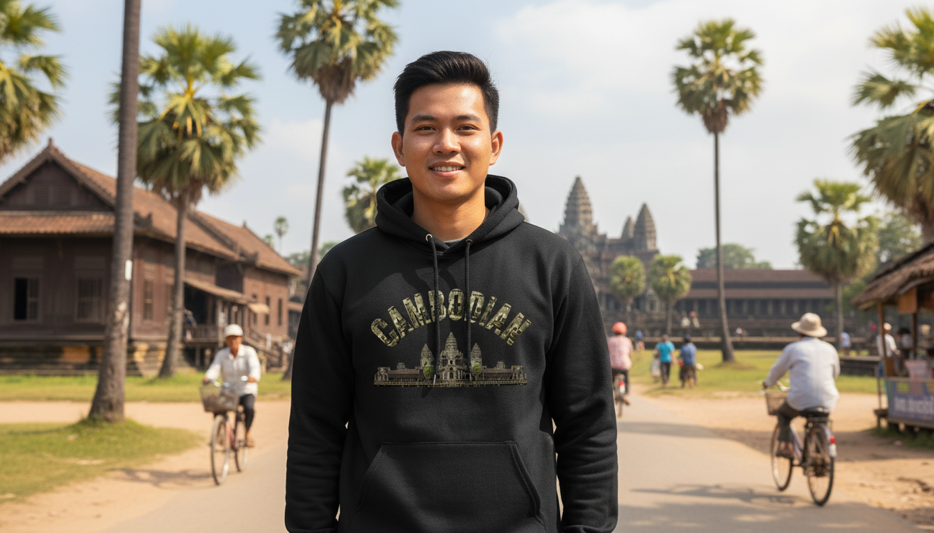Man wearing a black hoodie with 'Cambodian' and temple design, standing in front of Angkor Wat.