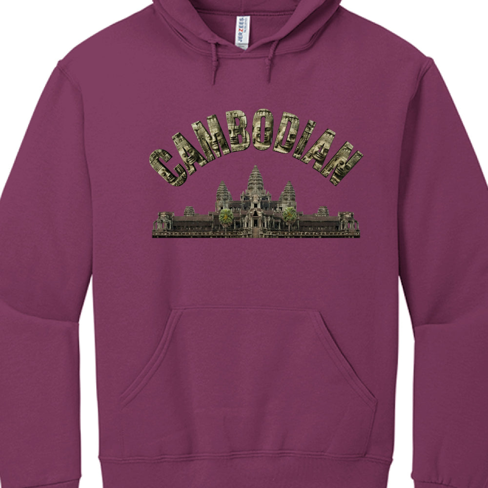 Purple hoodie with 'Cambodian' text and temple graphic on a white background