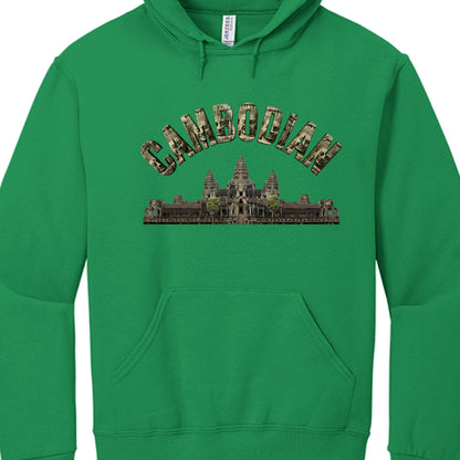 Green hoodie with 'Cambodian' and a temple graphic on a white background