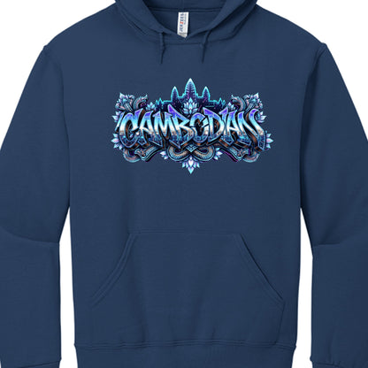 he artwork is centered on the chest and features several layers of cultural symbolism:

Central Text: The word "CAMBODIAN" is rendered in a sharp, 3D graffiti font. The letters have a metallic, chrome-like finish with blue and purple gradients.

Iconography:

Angkor Wat: A glowing blue silhouette of the famous temple towers sits directly above the text.

Nagas: Two detailed, serpentine Nagas (mythical cobras) are coiled around the bottom and sides of the lettering.

Lotus Flowers: Stylized blue and white lo