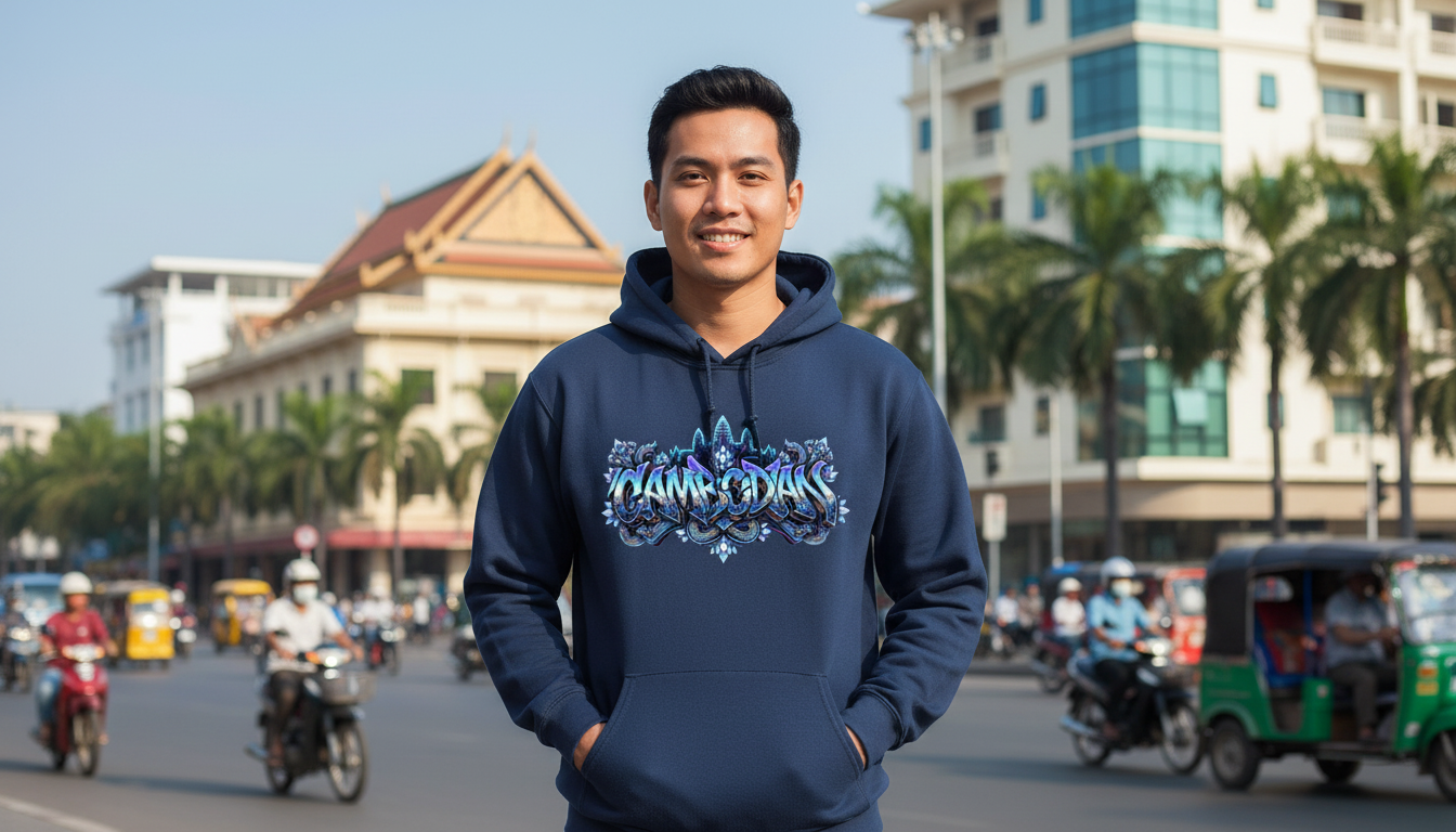 Person wearing a blue hoodie with a logo on a busy street