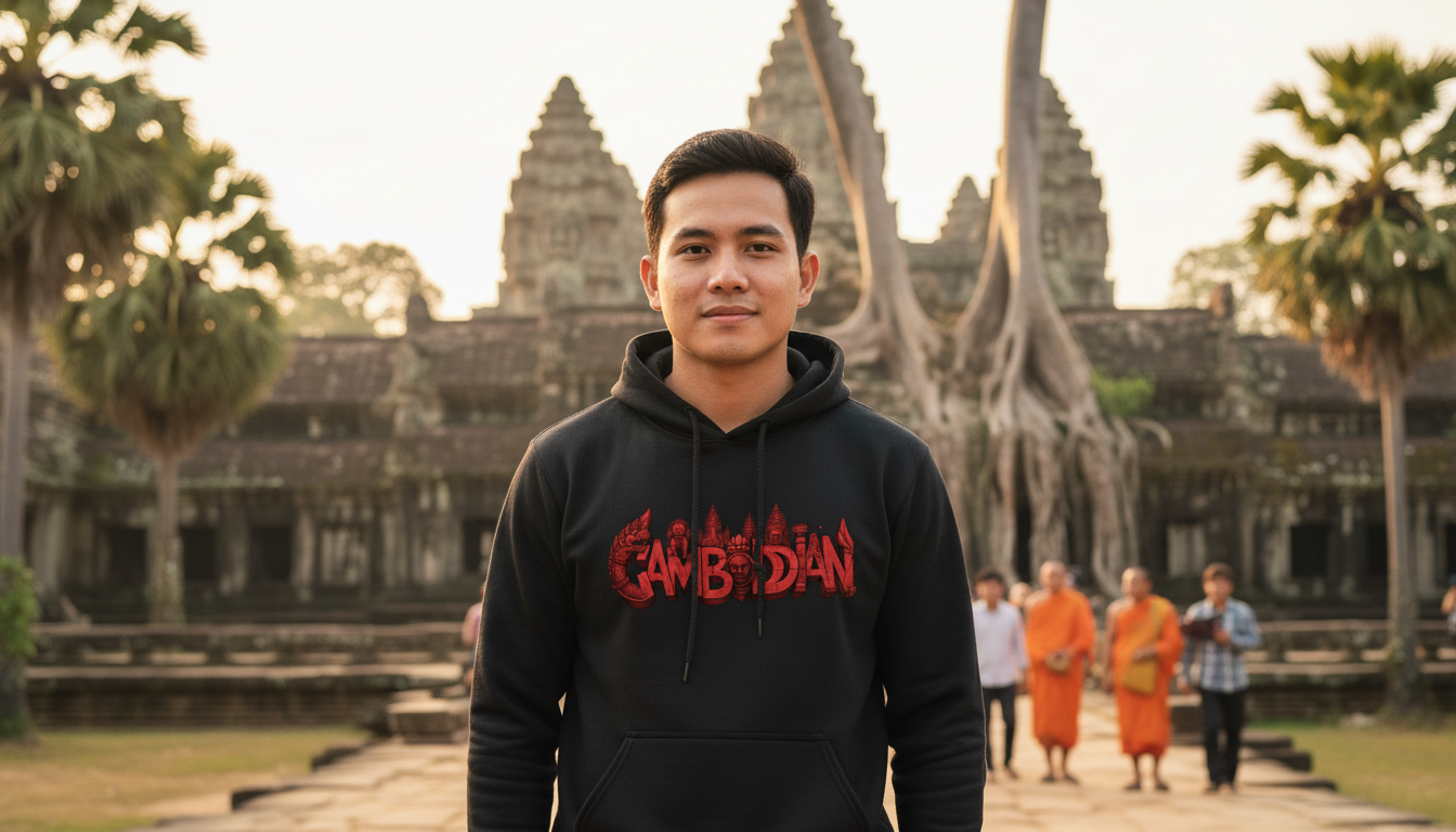 Man wearing a black hoodie with red text in front of Angkor Wat temple.
