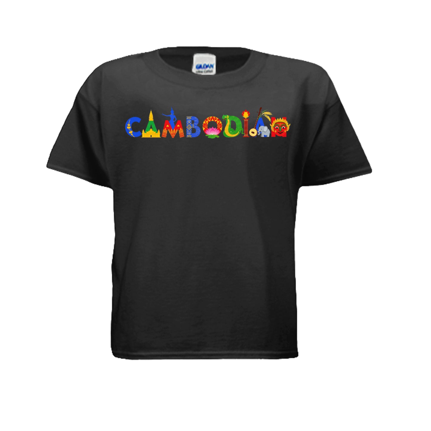 Black t-shirt with a white logo on a white background