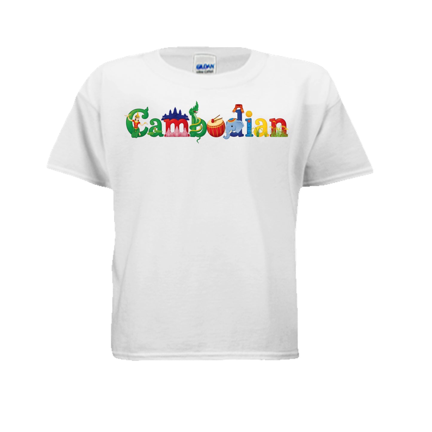 White t-shirt with colorful 'Cambodian' text on a white background