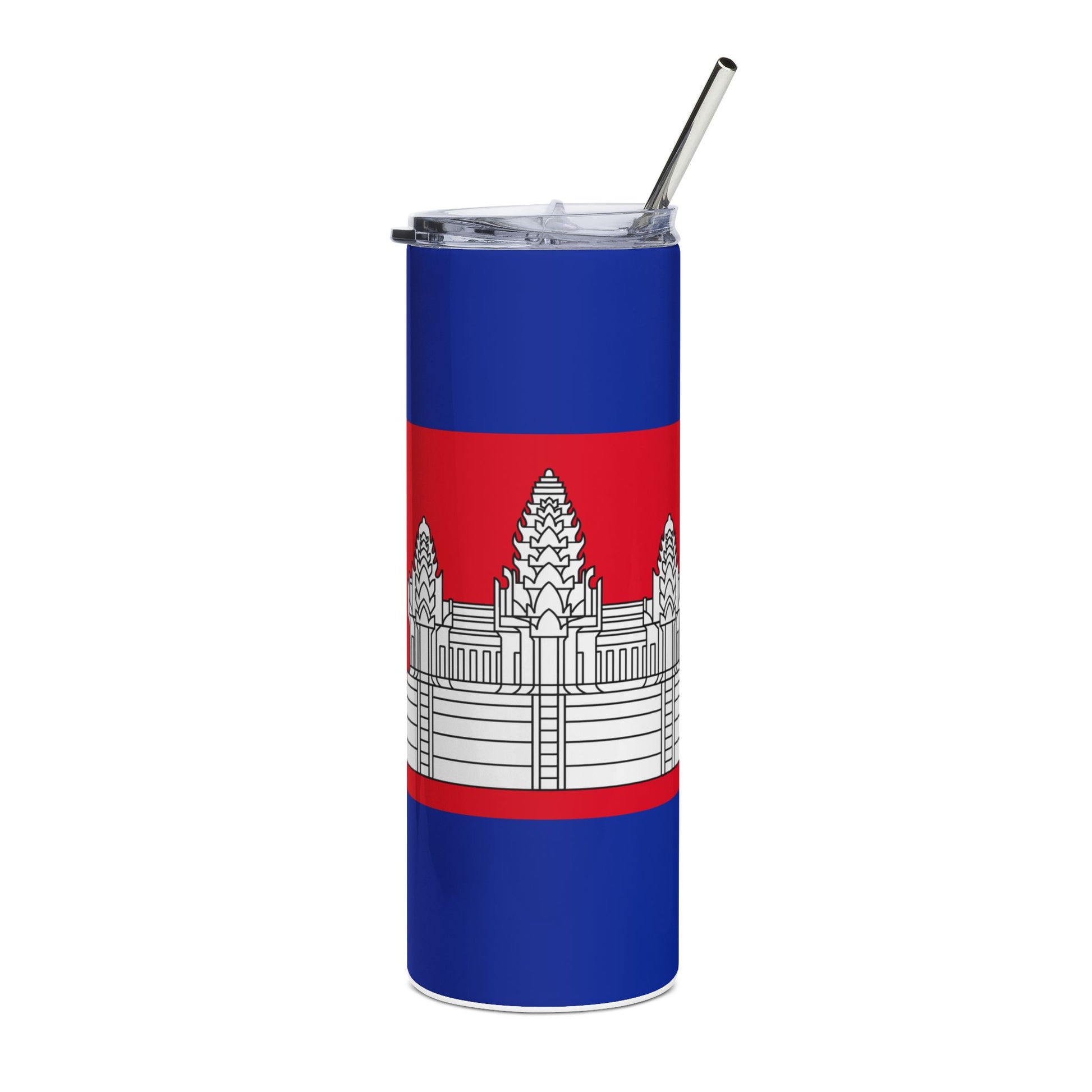 Tumbler with a design of a temple on a red and blue background