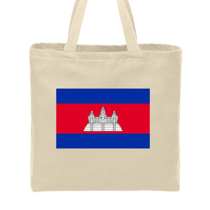 Beige tote bag with a Cambodian flag design on a white background