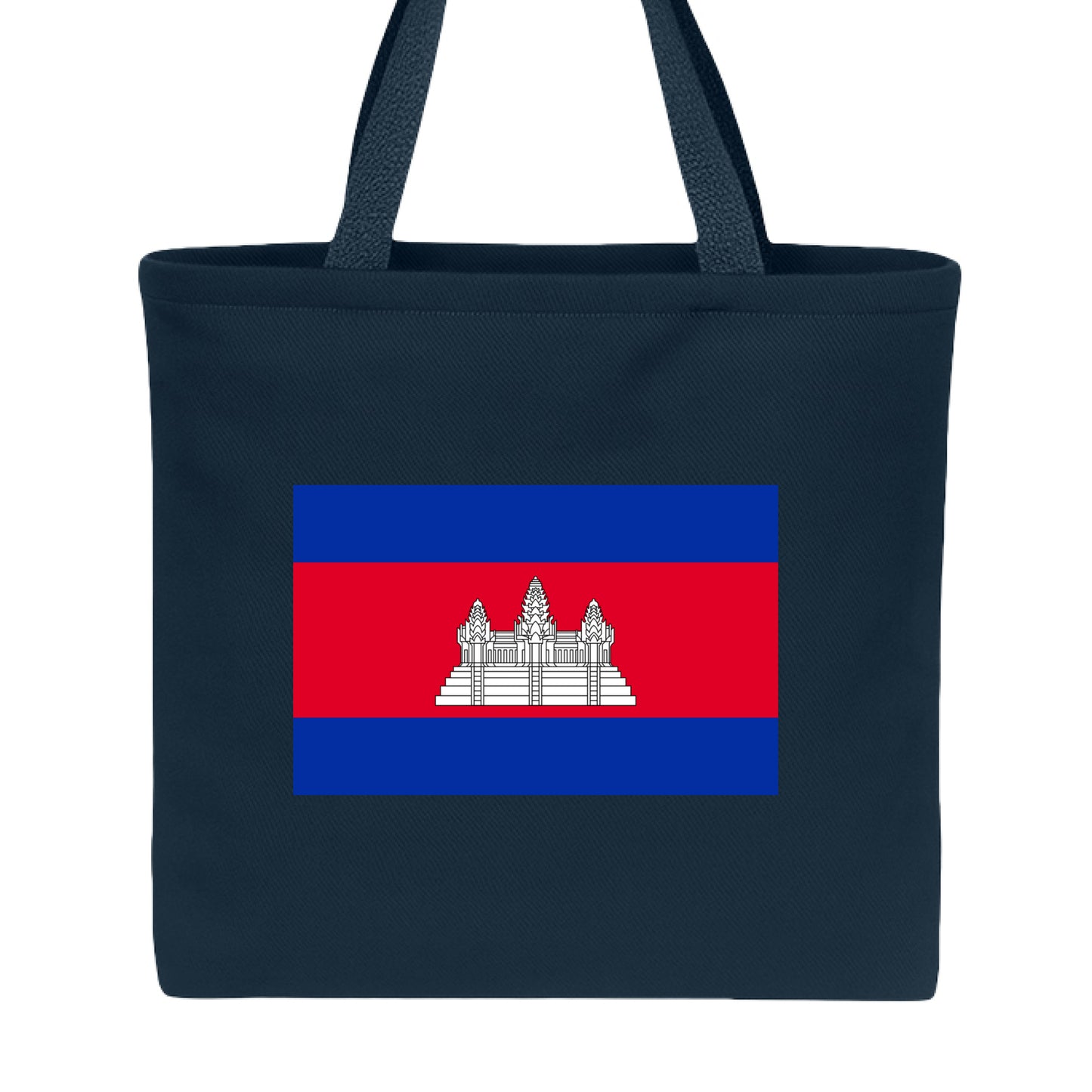 Navy blue tote bag with Cambodia flag design on a white background