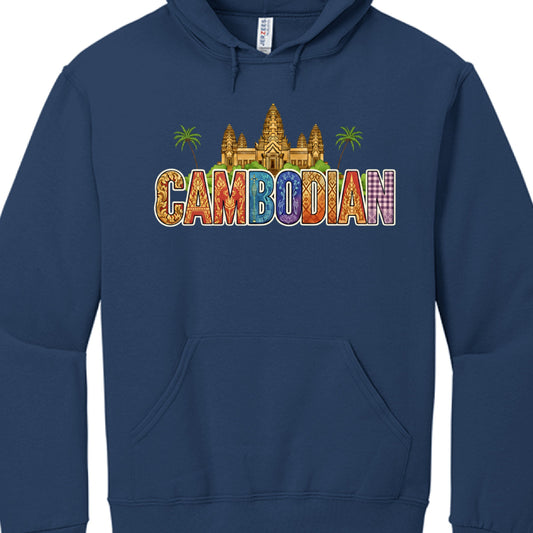 Navy blue hoodie with 'Cambodian' text and temple graphic on a white background