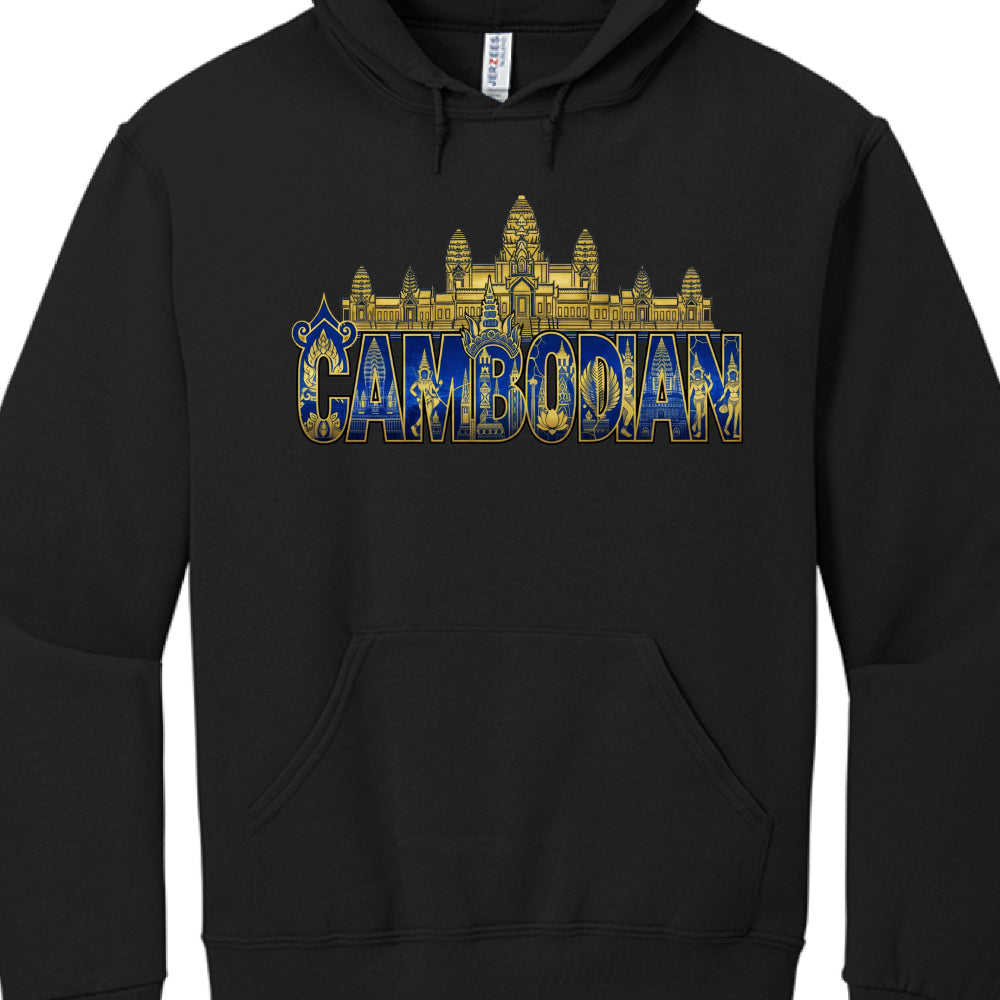 Central Text: The word "CAMBODIAN" is written in a bold, blocky serif font. The letters are filled with a deep blue gradient and feature intricate gold illustrations of traditional figures, temple architecture, and lotus flowers.

Temple Silhouette: Sitting directly on top of the text is a highly detailed, golden silhouette of Angkor Wat, featuring its iconic five towers.

Artistic Accents: The far left of the text is embellished with a decorative blue and gold ornamental flourish.

Color Scheme: The design