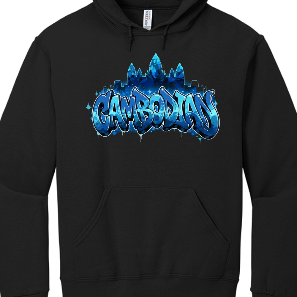 Black hoodie with blue 'Cambodians' graphic design on a white background