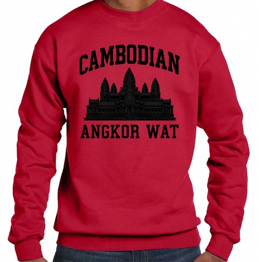 Red sweatshirt with black text and Angkor Wat silhouette on a white background