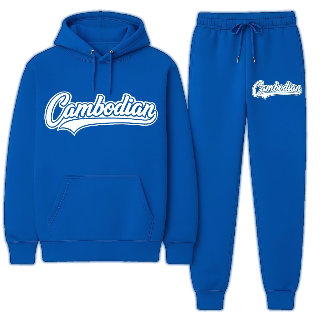 Blue hoodie and jogger set with 'Cambodian' text on a white background