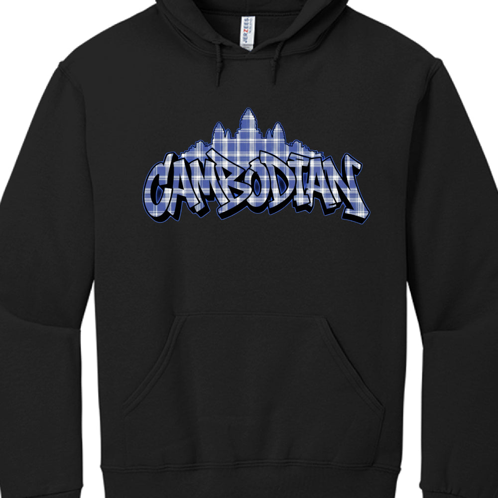 Garment: A standard black pullover hoodie with a front kangaroo pocket and drawstrings at the neck. A "Jerzees" brand tag is visible inside the collar.

Central Graphic: The word "CAMBODIAN" is rendered in a stylized, bold graffiti or "bubble letter" font.

Pattern & Color: The text and the silhouette behind it are filled with a blue and white plaid (checkerboard) pattern, reminiscent of a traditional krama (a sturdy Cambodian scarf).

Iconography: Directly behind the text is the silhouette of Angkor Wat, t