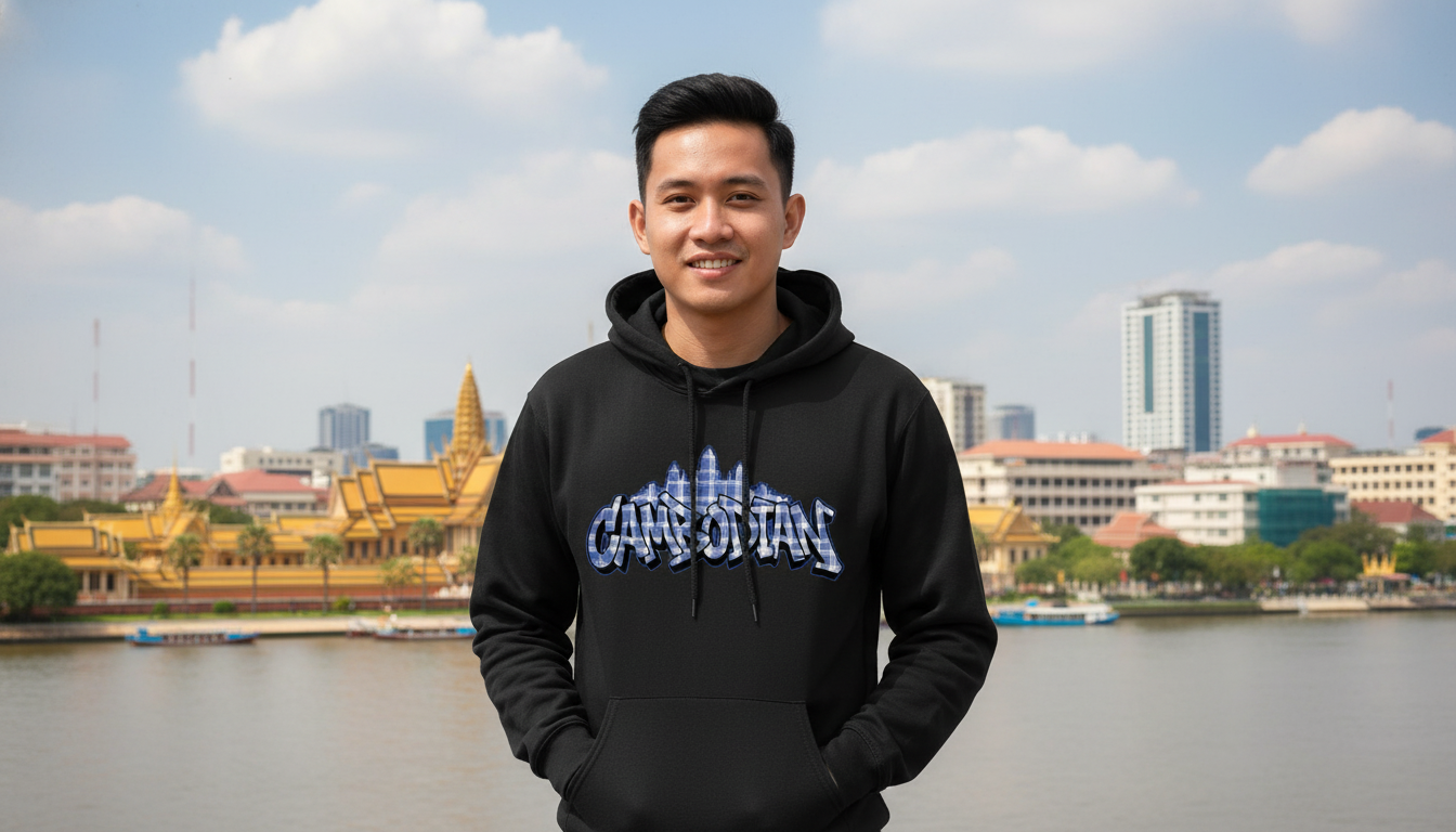 Person wearing a black hoodie with 'Capital of the World' text, standing by a waterfront with buildings in the background.