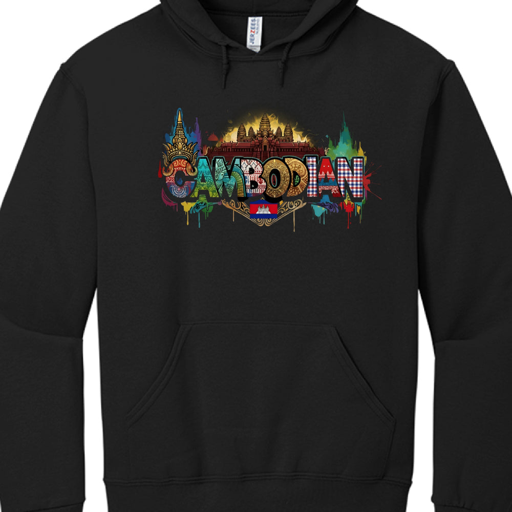 The artwork is a highly detailed collage centered around the heritage of the Khmer Empire:

Central Figure: A woman is depicted in traditional Khmer royal attire, including an intricate golden headdress and jewelry, with her hands in a prayerful Sampeah position. In a modern twist, she wears a black-and-white bandana covering her lower face.

Typography: The words "KHMER EMPIRE" are rendered in a large, blocky font behind the woman. Each letter is filled with different vibrant colors—including blue, orange,