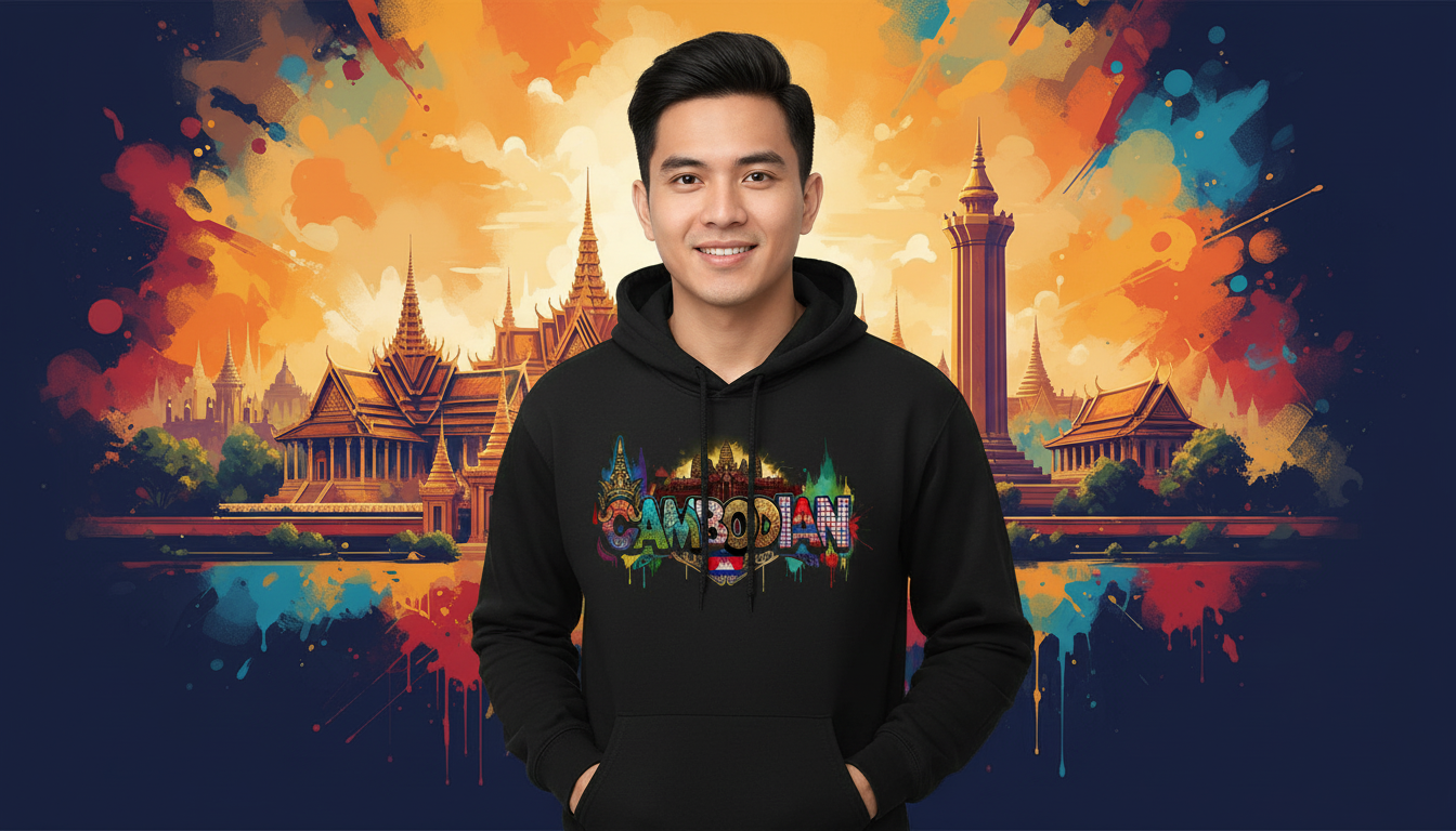 Person wearing a black hoodie with 'Cambodian' design in front of colorful Cambodian architecture illustration.