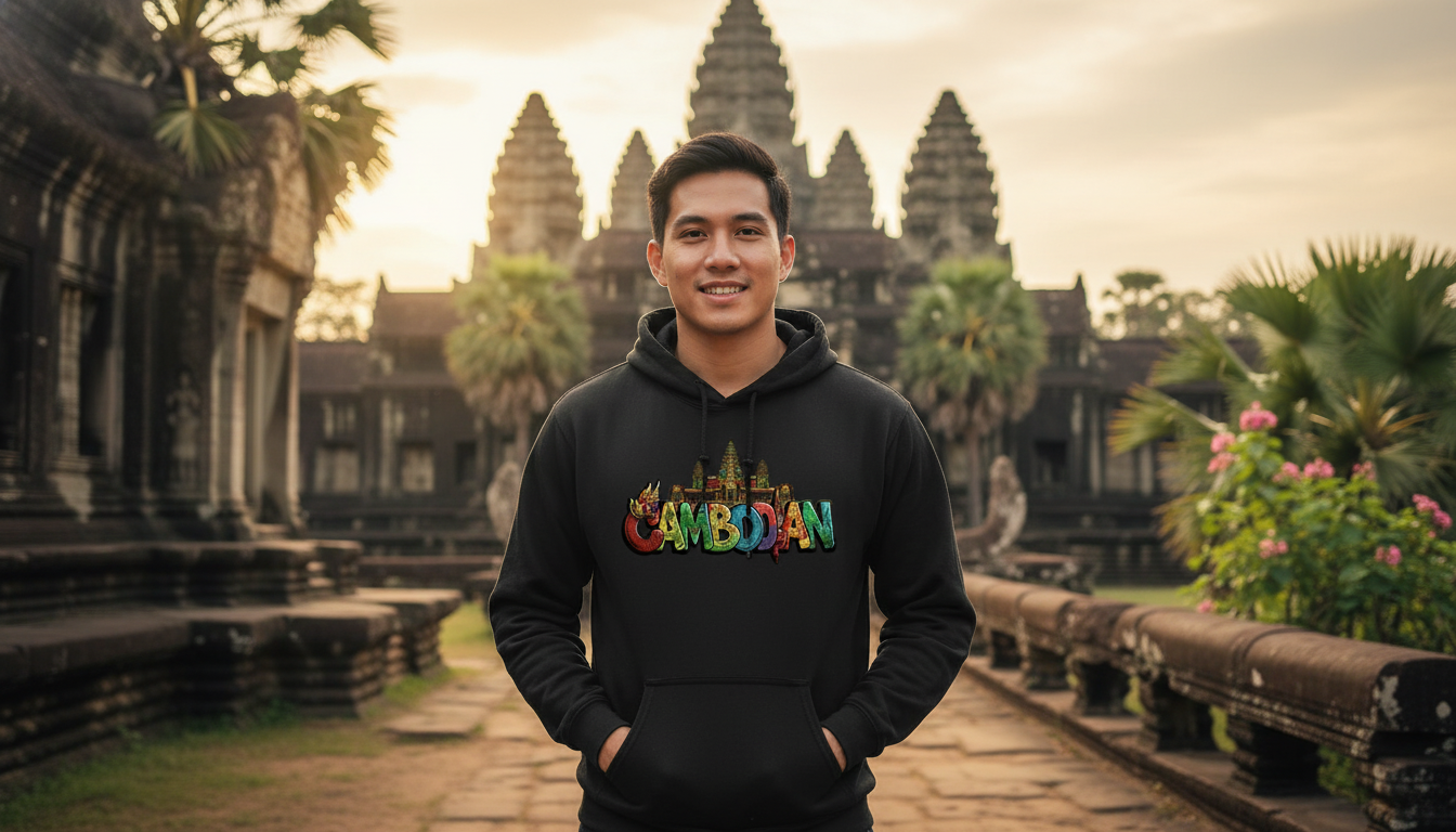 Person wearing a hoodie with colorful text in front of Angkor Wat.