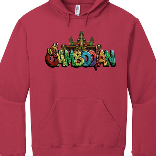 Red hoodie with 'Cambodian' text and temple graphic on a white background