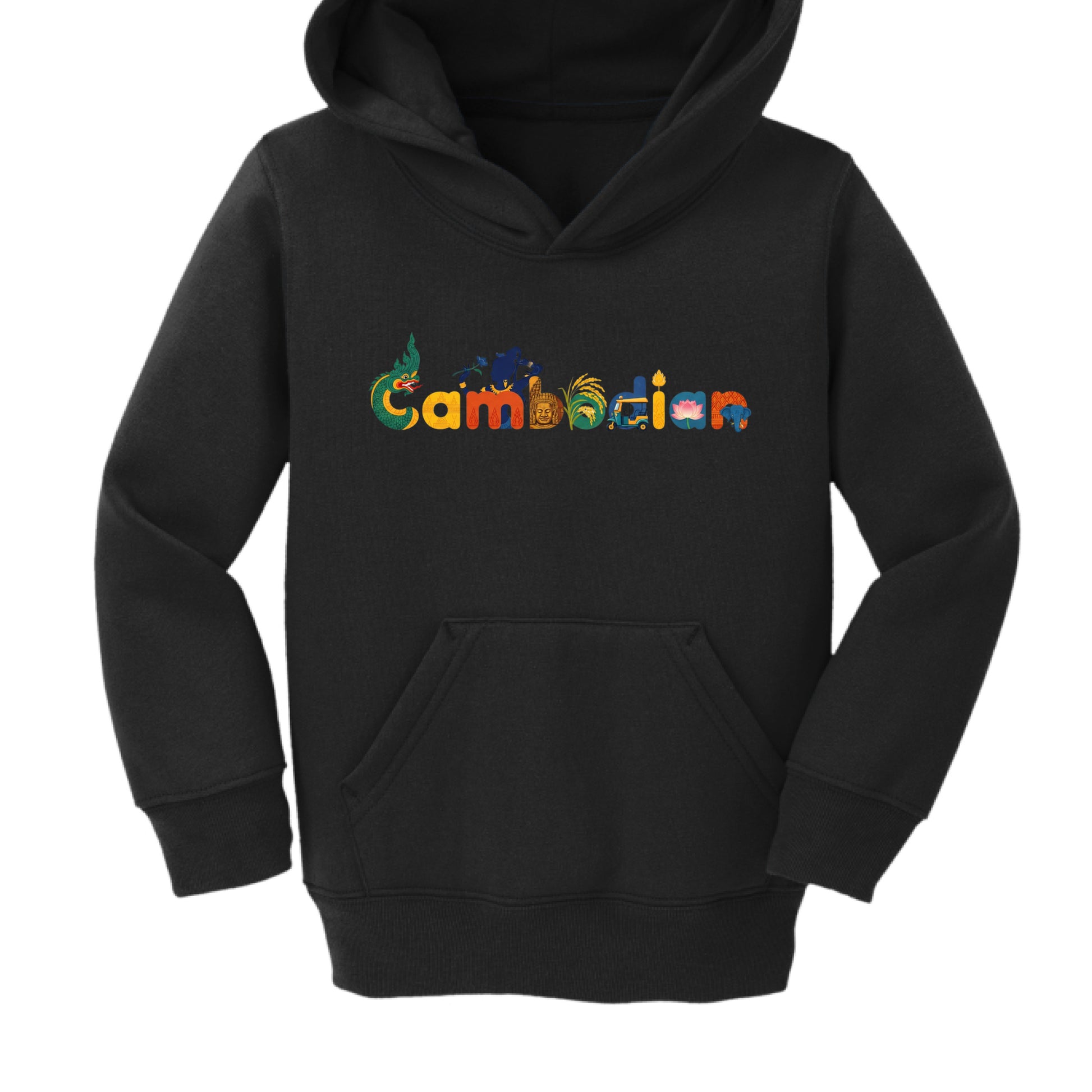 Black hoodie with colorful 'Cambodian' text design on a white background