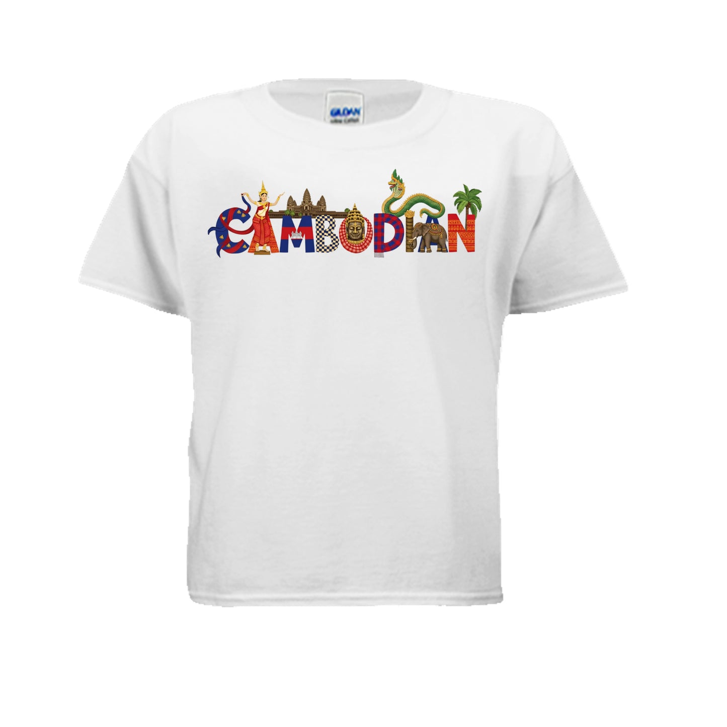 White t-shirt with colorful 'Cambodian' design featuring landmarks on a white background