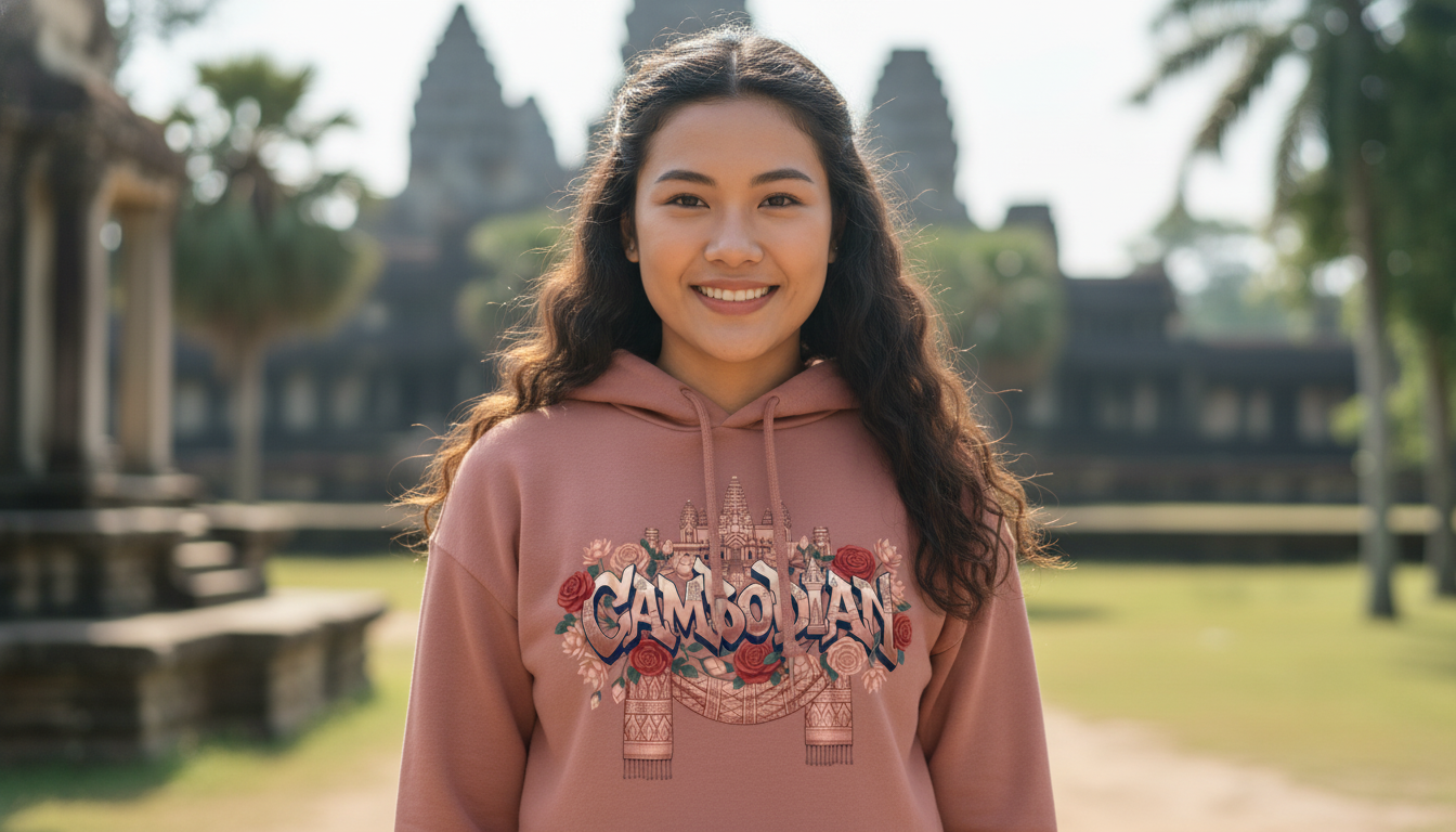 Woman wearing a pink hoodie with 'Cambozan' design in front of Angkor Wat.