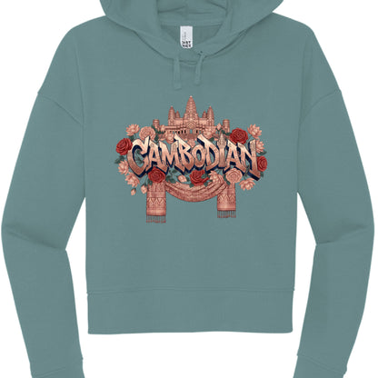 Teal hoodie with 'Cambodian' design featuring architecture and flowers on a white background