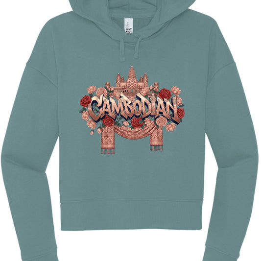 Teal hoodie with 'Cambodian' design featuring architecture and flowers on a white background