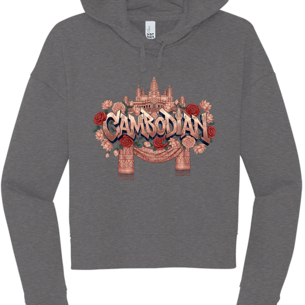 Gray hoodie with 'Cambodian' design featuring a temple and floral elements on a white background