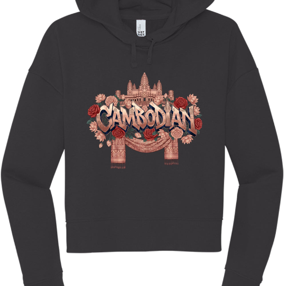 Black hoodie with 'Cambodian' design featuring a temple and floral elements on a white background