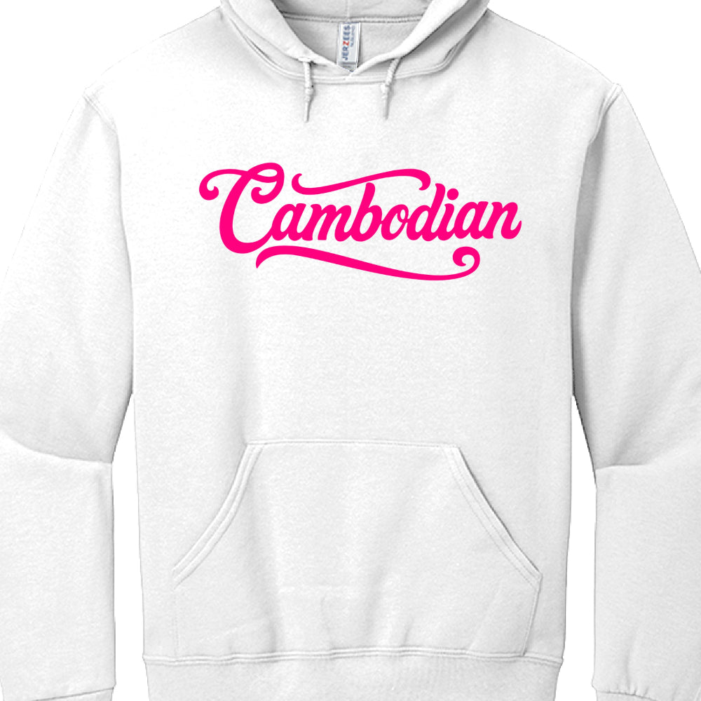 White hoodie with pink 'Cambodian' text on a white background