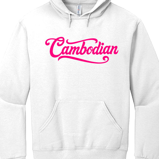 White hoodie with pink 'Cambodian' text on a white background