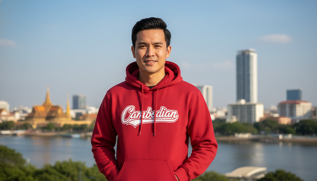 Person wearing a red hoodie with 'Cambodian' text, standing in front of a city skyline.