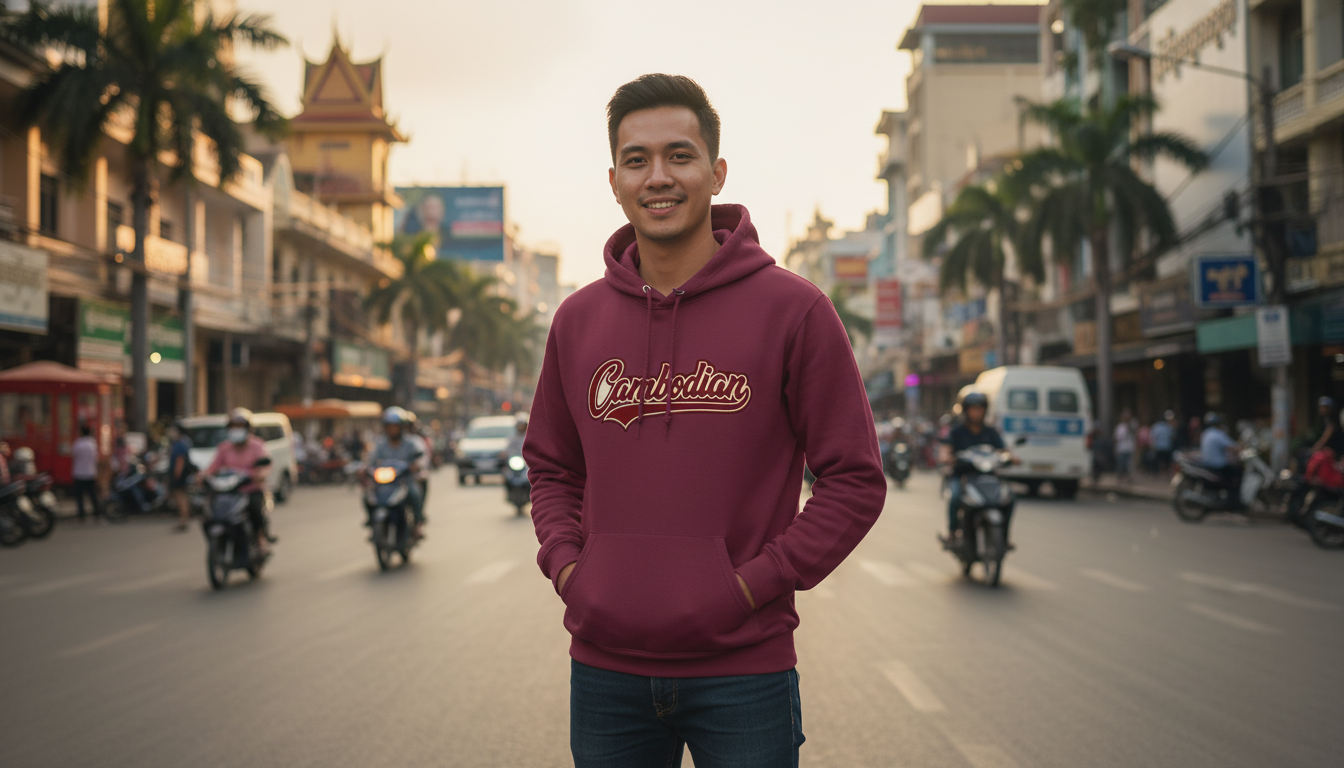 Man wearing a maroon hoodie with 'Cornellian' text on a street with vehicles and palm trees.