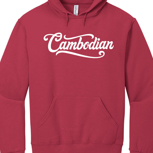 These hoodies offer a cleaner, script-focused aesthetic that emphasizes identity through bold lettering:

"Cambodian" Script: Each hoodie in this series features the word "Cambodian" written in a stylized, cursive font across the chest.

Color Combinations: The collection includes several variations to suit different styles:

Light gray marl hoodie with black script.

Solid black hoodie featuring the script in vibrant electric blue.

Solid black hoodie featuring the script in bright pink.

Solid black hoodi