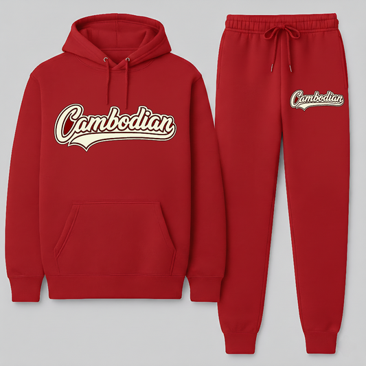Red hoodie and jogger pants set with 'Cambodian' text on a gray background