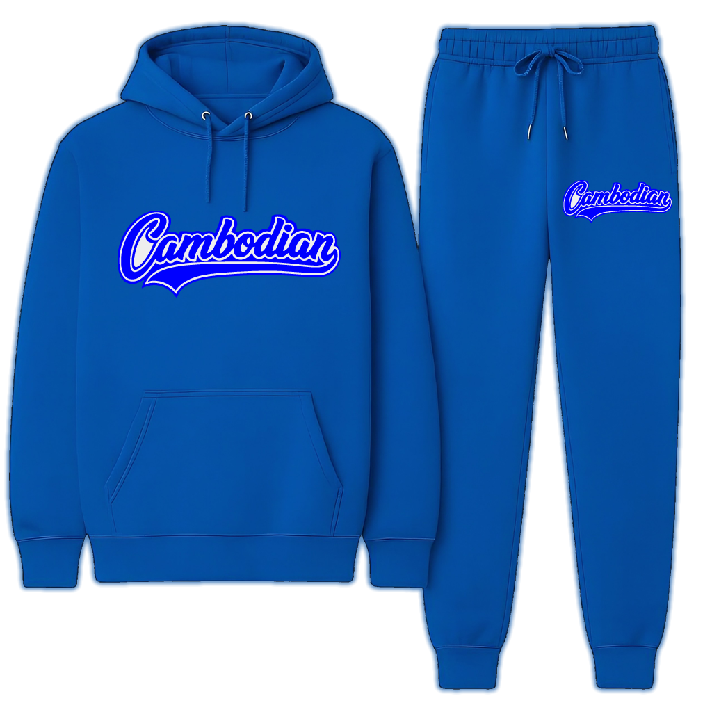 Blue hoodie and jogger set with 'Cambodian' text on a white background
