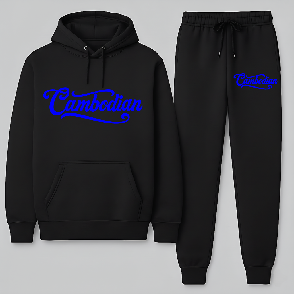 Black hoodie and jogger pants set with blue text on a light gray background