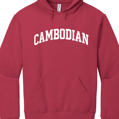 These designs focus on the word "Cambodian" in two distinct font styles:

Script Series: Features "Cambodian" in a stylized cursive font. Color combinations include:

Heather gray with black script.

Black with vibrant blue, pink, red, or yellow script.

Dark red with white script.

Arch Logo Series: Features "CAMBODIAN" in bold, arched block letters. Color combinations include:

Orange with blue letters.

Royal blue with orange letters.

Plum with neon pink letters.

Navy with red letters.

Dark red with w