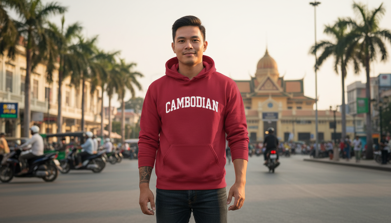 Man wearing a red hoodie with 'Cambodian' text on a street with palm trees and buildings.