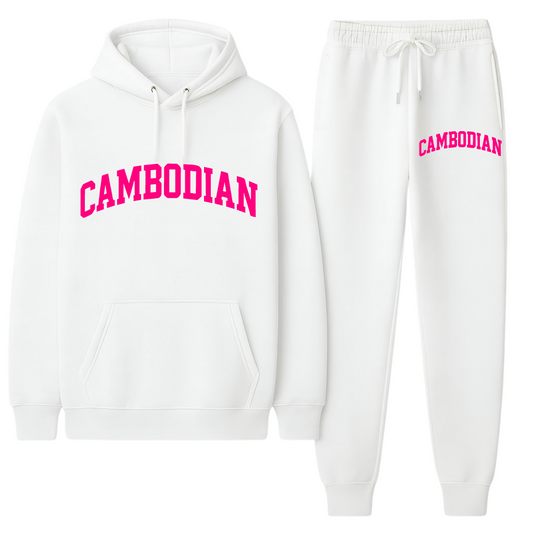 White hoodie and sweatpants set with 'Cambodian' text in pink on a white background