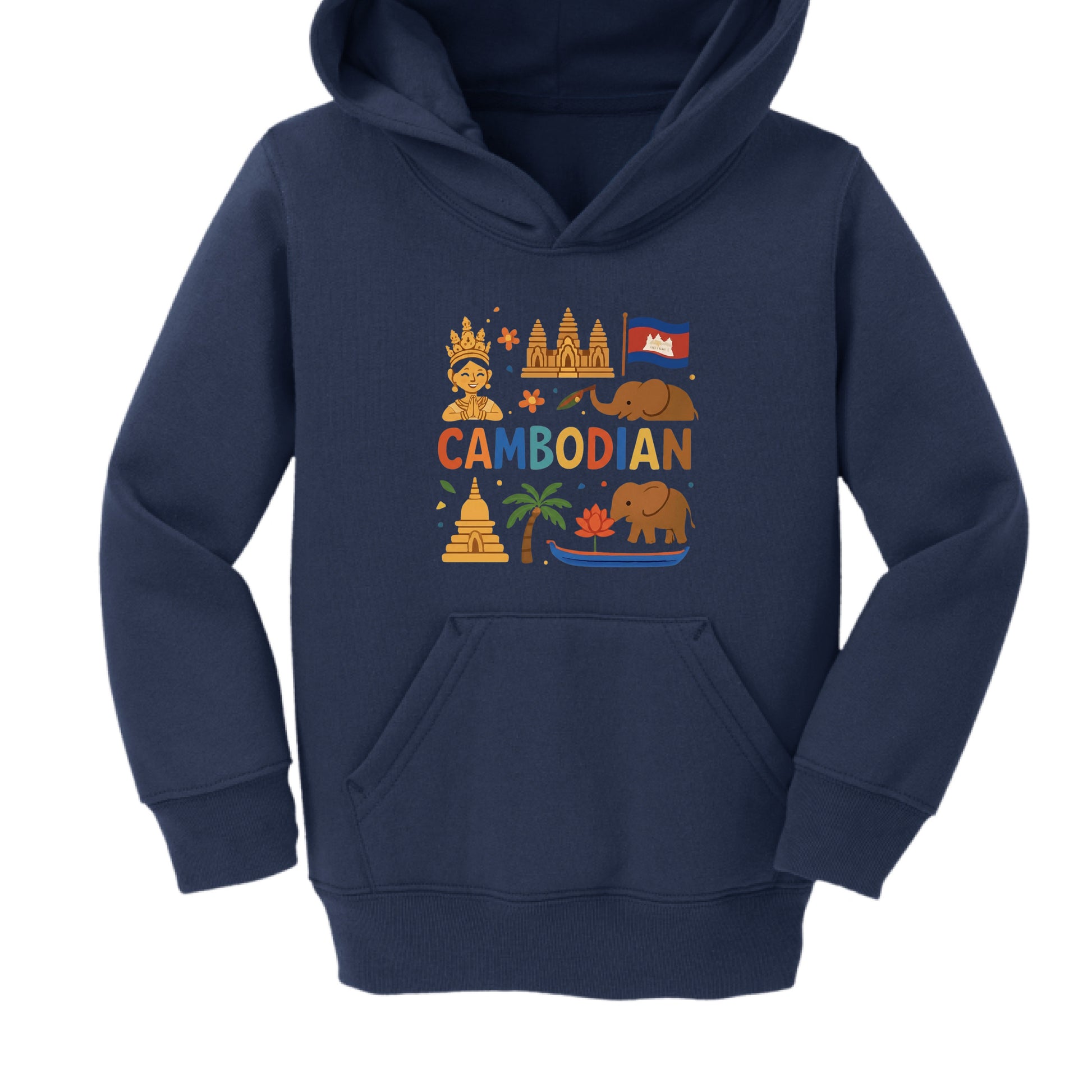 Navy Cultural Collage Hoodie
Also set on a navy blue hoodie, this design uses a structured collage style with earthy and primary tones.

National Symbols: The graphic includes a small Cambodian flag, a golden temple, a white stupa, and two brown elephants.

Nature & Culture: A palm tree, a pink lotus flower in a blue boat, and an Apsara dancer bust are arranged around the text.

Typography: The word "CAMBODIAN" is written in a bold, multi-colored font (orange, blue, and yellow) across the center.