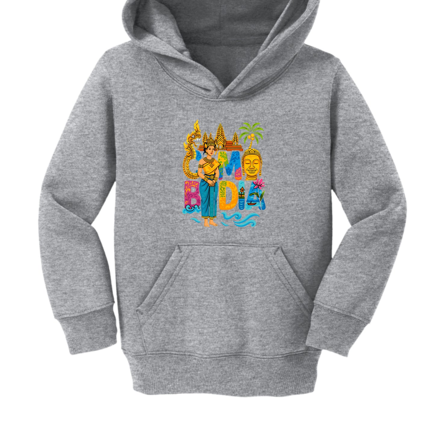 Gray hoodie with colorful graphic design on a white background