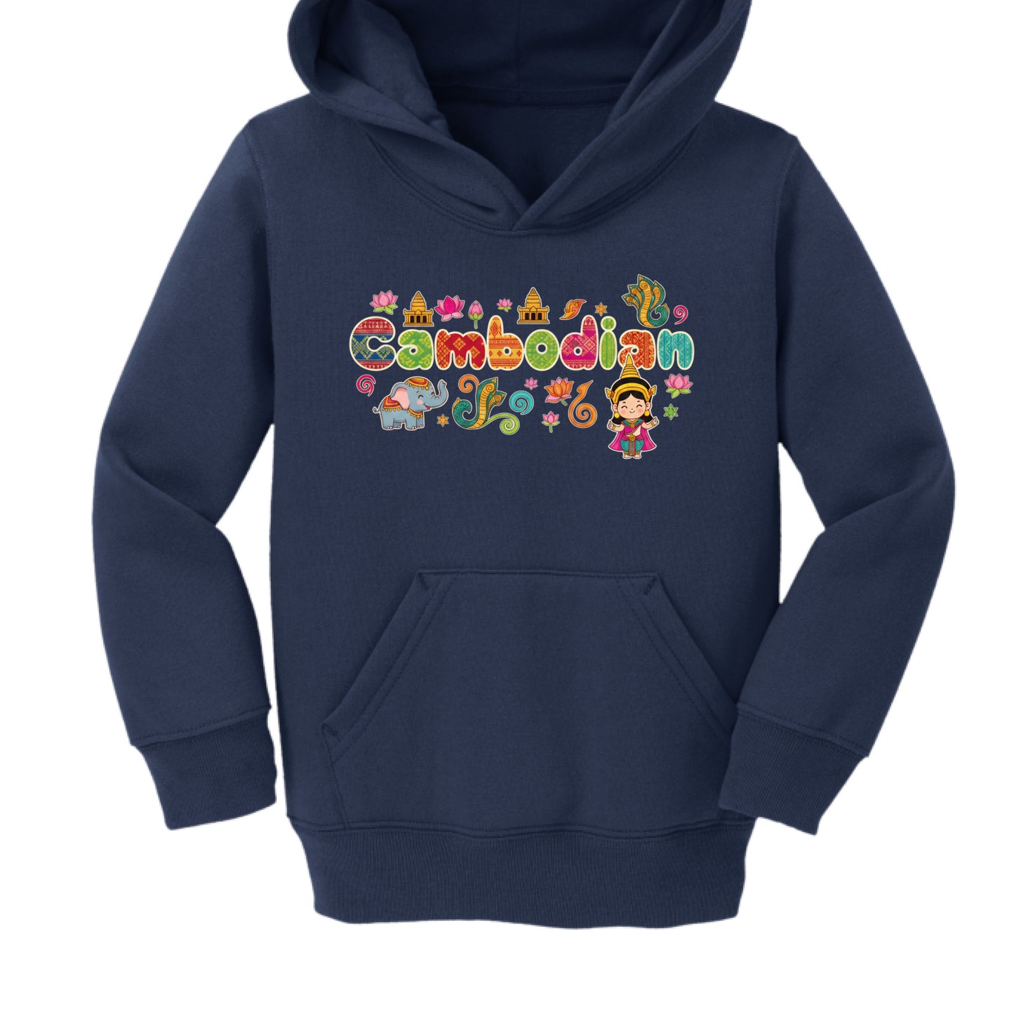 Navy blue hoodie with colorful 'Cambodian' design on a white background