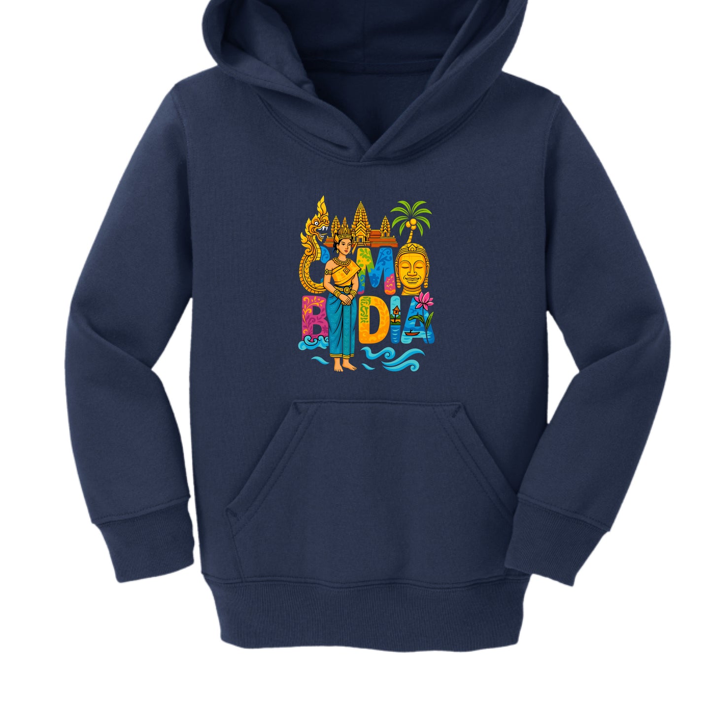 Navy blue hoodie with colorful 'Cambodian' design on a white background
