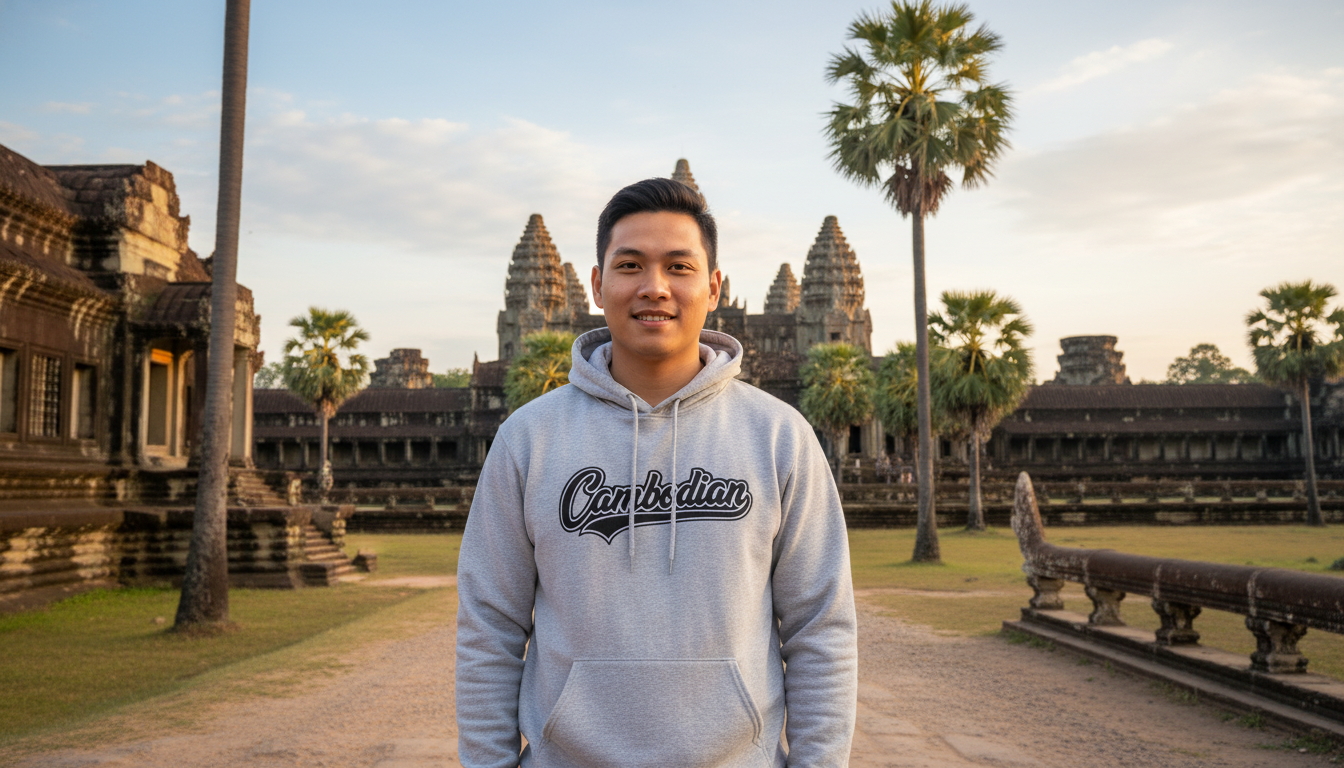 Person wearing a hoodie with 'Cambodian' text in front of Angkor Wat.
