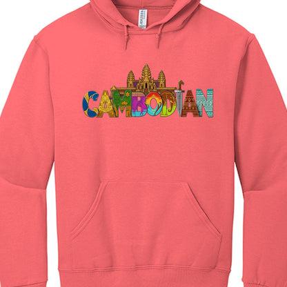 Pink hoodie with 'Cambodian' text and colorful design on a white background