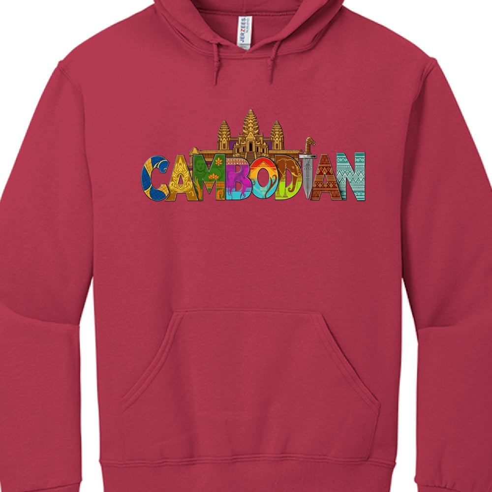 Red hoodie with 'Cambodian' text and colorful design on a white background
